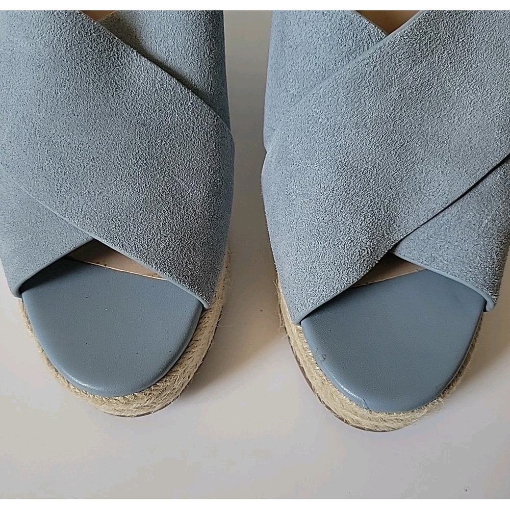 H Halston Stella Slingback Sandals 8.5M Powder Blue Suede Chambray Wedge Heel - Picture 9 of 16